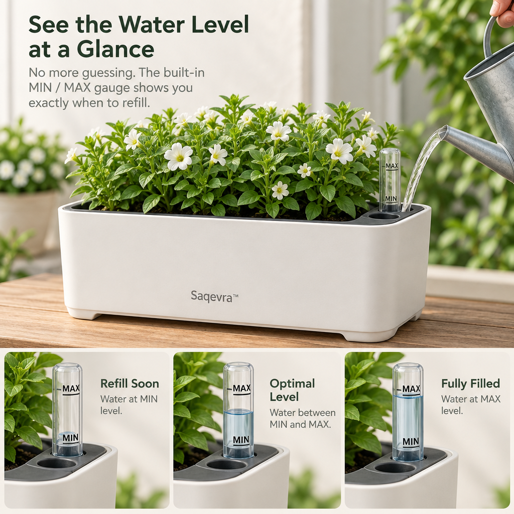 Saqevra™ AquaGauge Self-Watering Planter with Water-Level Indicator image 3