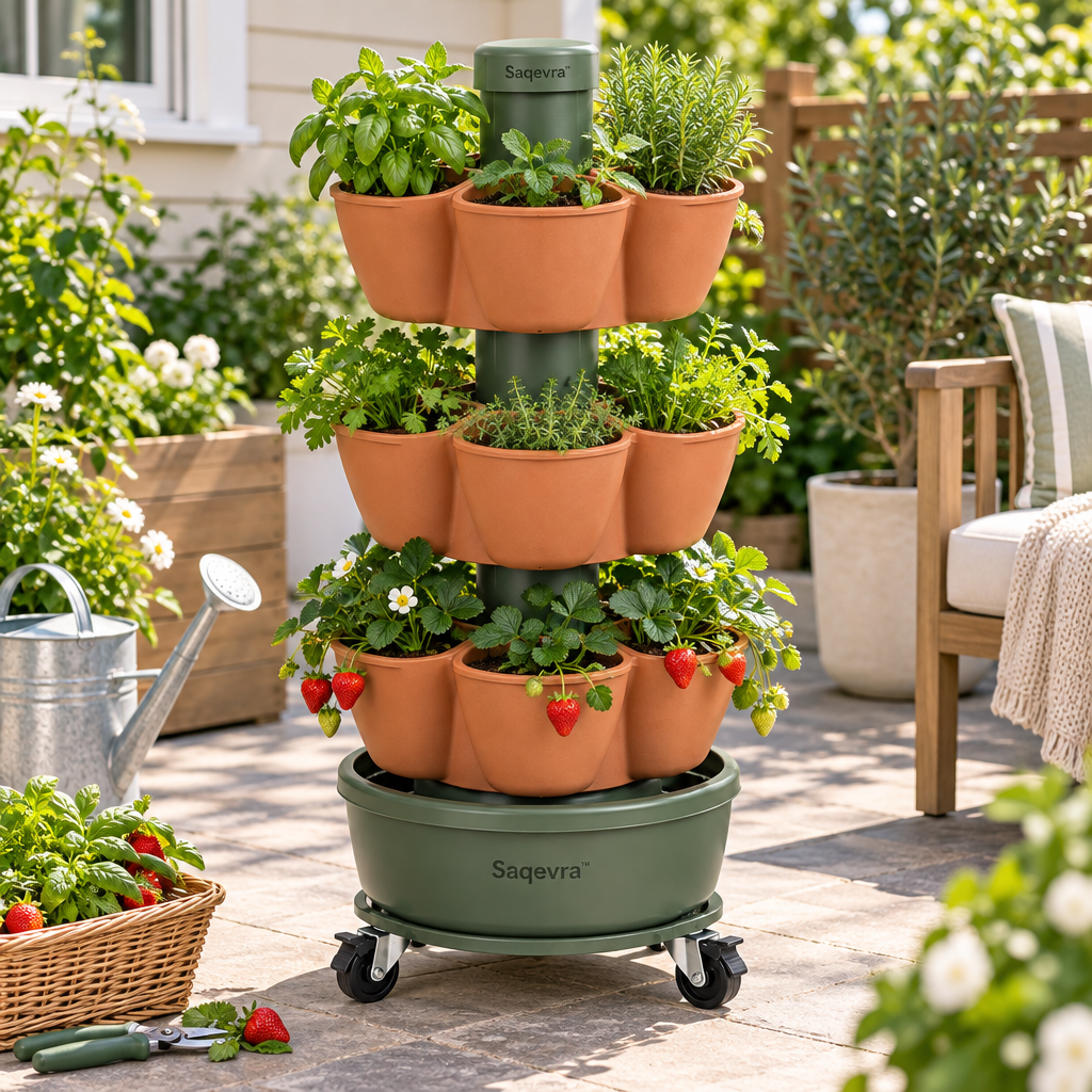 Saqevra™ TowerHarvest Three-Tier Self-Watering Herb and Strawberry Tower product view