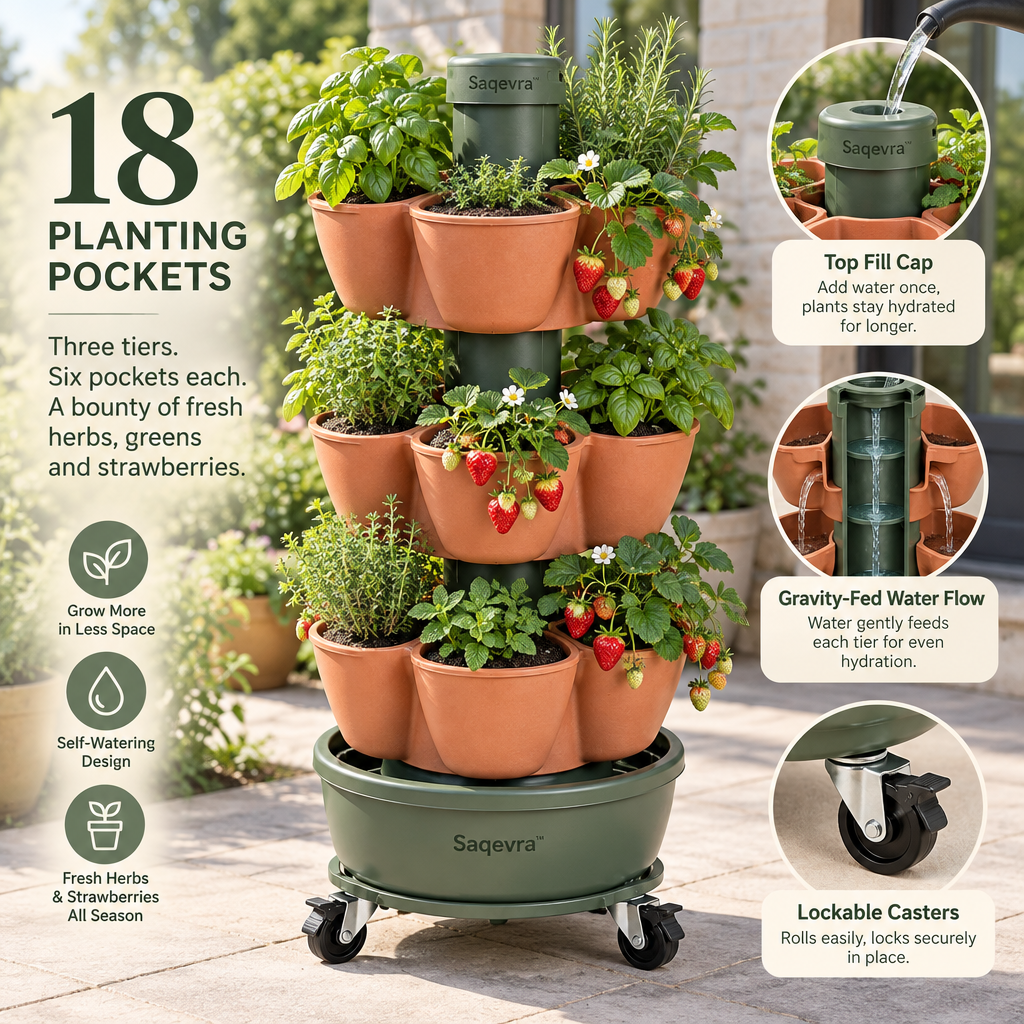 Saqevra™ TowerHarvest Three-Tier Self-Watering Herb and Strawberry Tower image 3